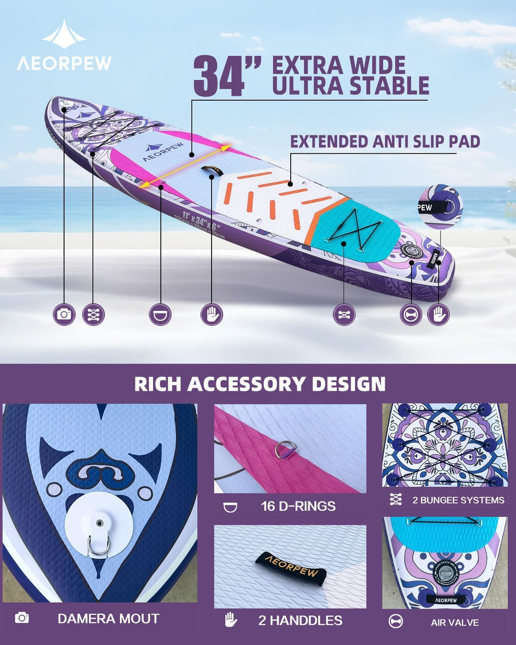 34'' Wide Inflatable Paddle Board for Women with Premium Paddle Boards Accessories, Adj SUP Paddle, 100L Backpack, Suitable for Versatile SUP Boards of All Skills Levels