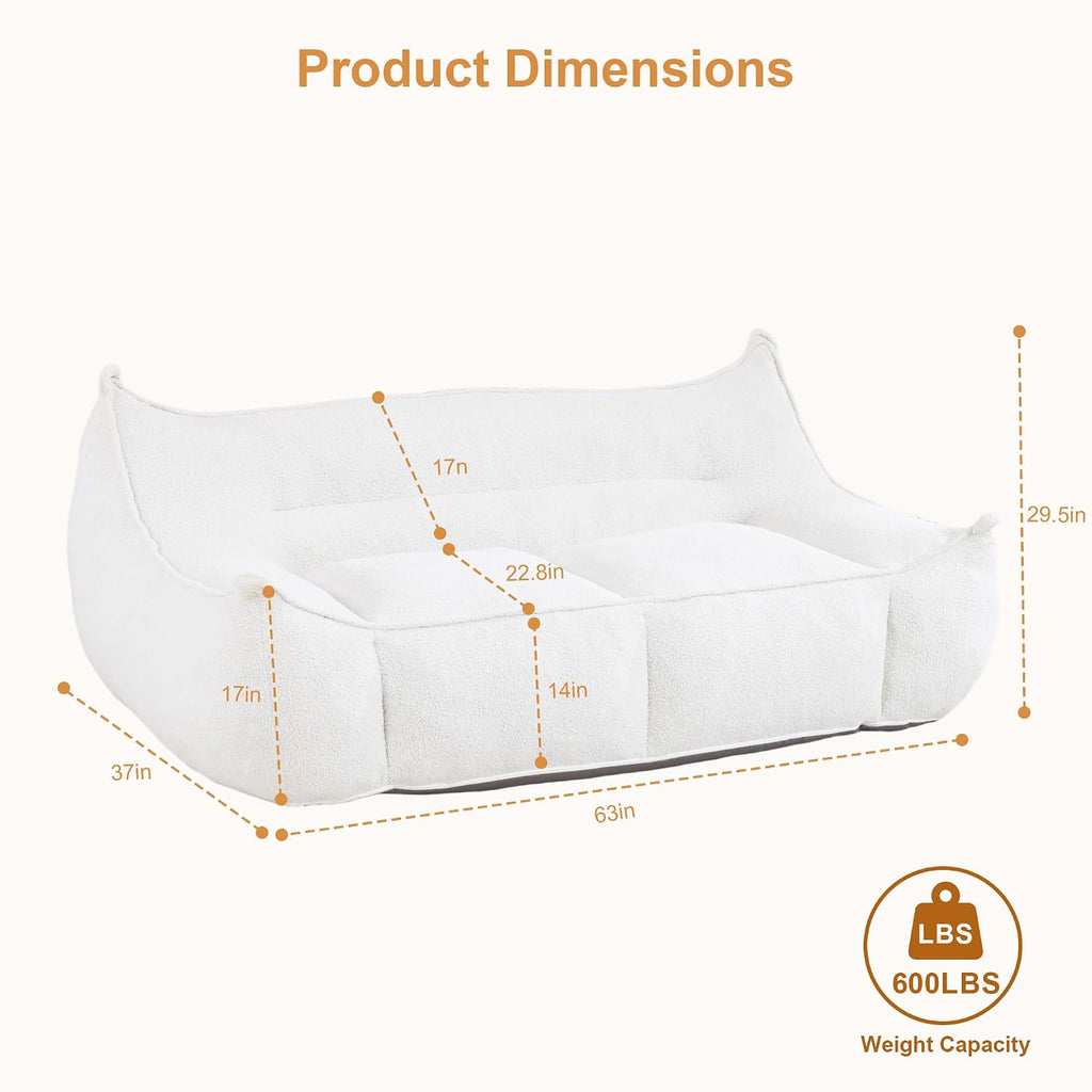 White Bean Bag Chair for Adults & Kids, Ergonomic Big Bean Bag Sofa with Full Body Support, Faux Fur Beanbag Chair, Stuffed Floor Sofa for Living Room, Bedroom, Apartment, White (2 Seat)