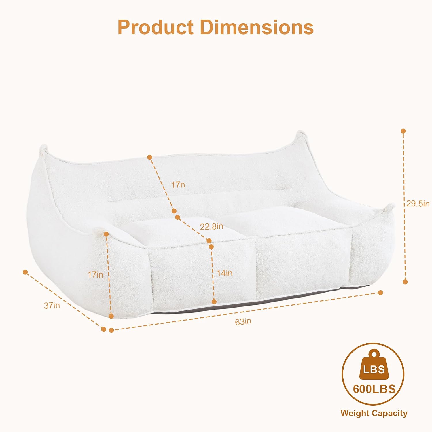 White Bean Bag Chair for Adults & Kids, Ergonomic Big Bean Bag Sofa with Full Body Support, Faux Fur Beanbag Chair, Stuffed Floor Sofa for Living Room, Bedroom, Apartment, White (2 Seat)