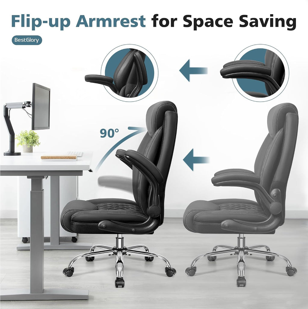 BestGlory Office Chair, Ergonomic High Back Home Office Desk Chair, Big and Tall Breathable Leather Office Chair with Lumbar Support Flip-Up Armrests, Computer Gaming Chair with Rocking Function