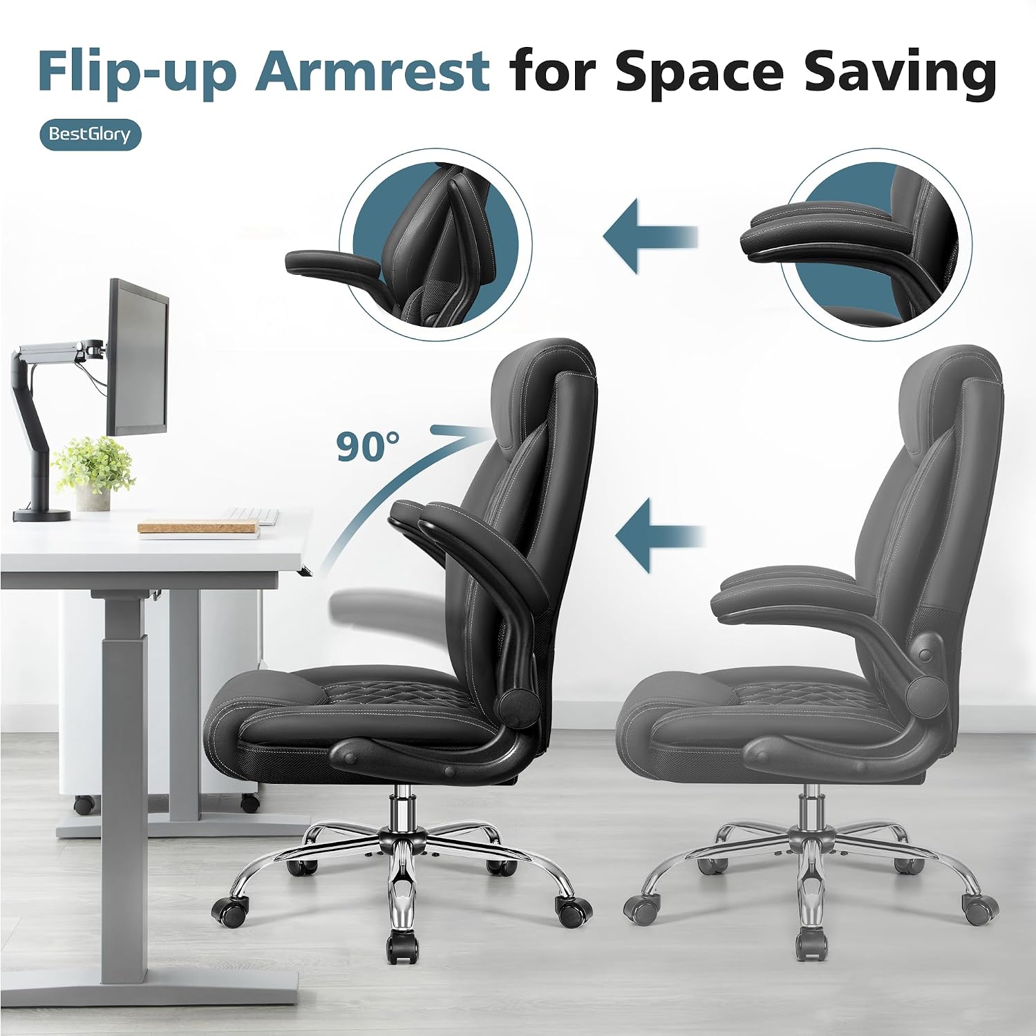 BestGlory Office Chair, Ergonomic High Back Home Office Desk Chair, Big and Tall Breathable Leather Office Chair with Lumbar Support Flip-Up Armrests, Computer Gaming Chair with Rocking Function