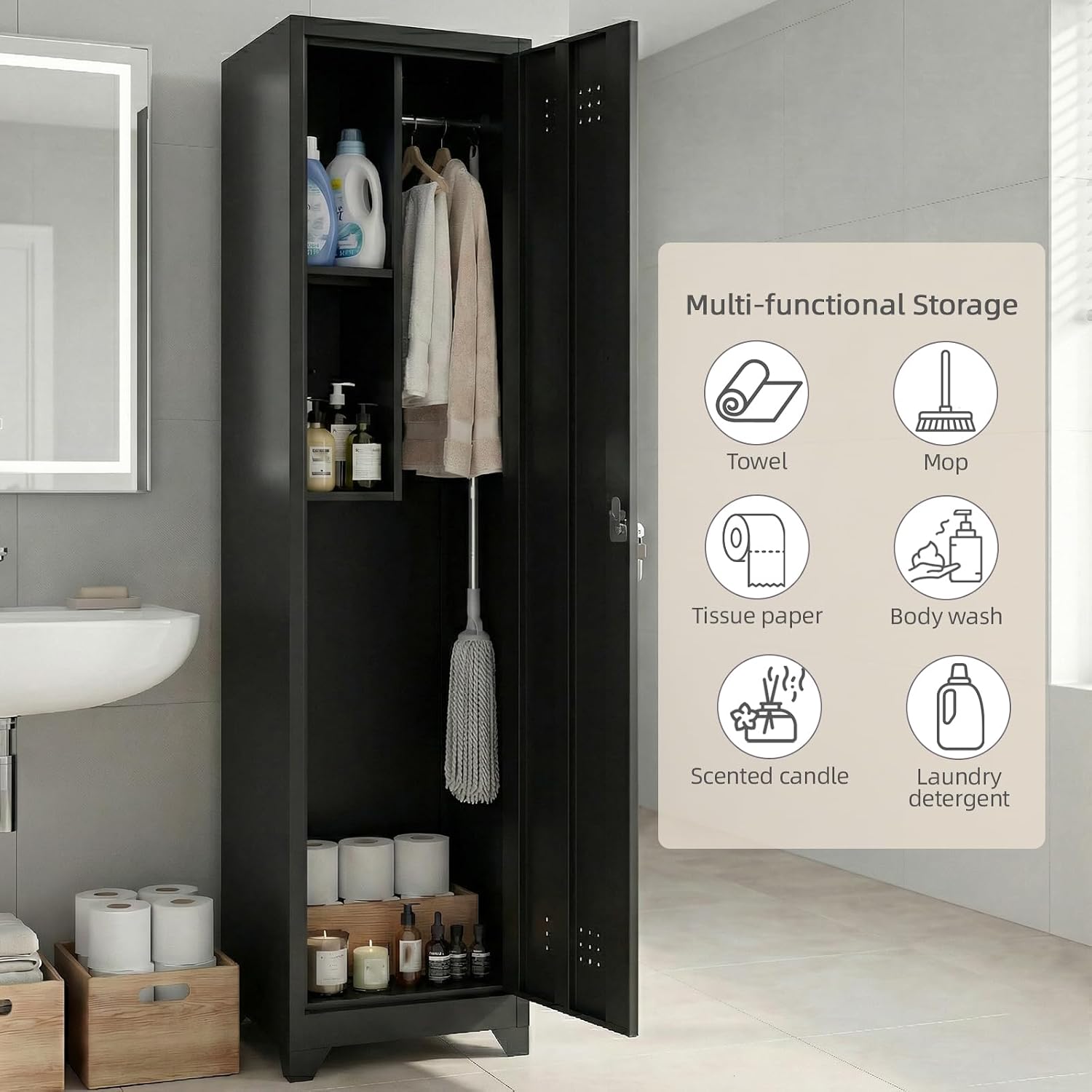 Slim Broom Closet Storage Cabinet, Black Metal Cabinets with Lock and & S-Hooks, Cleaning Supply Cabinet, Utility Closet Cabinets for Garage, Office, Gym