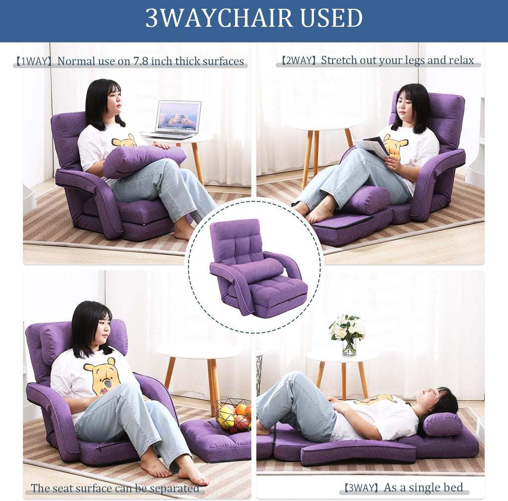 42-Position Adjustable Floor Chair, Chaise Lounge Chair Indoor,Comfy Folding Lazy Sofa Chair for Adults with Armrests and a Pillow Padded,Gaming Chairs for Living Room,Bedroom,Fabric,Purple