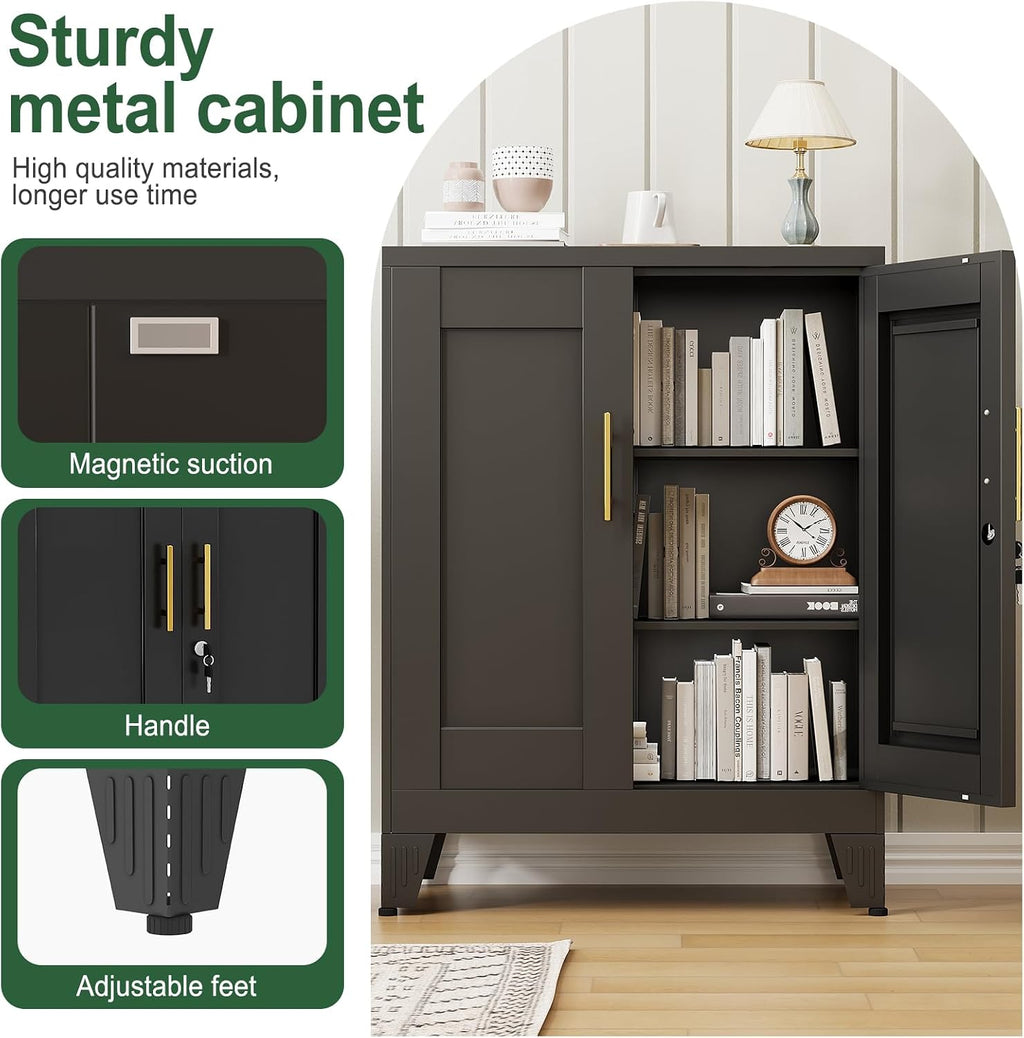 Black Metal Storage Cabinet, 36' Tall Locking Storage Cabinet with 2 Adjustable Shelves, Steel Locker Organizer, for Office, Home, School, 2PS