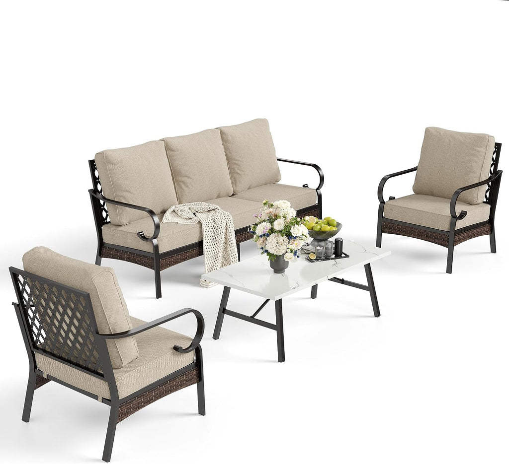 SUNSHINE VALLEY 4 Piece Metal Outdoor Patio Furniture Set, Patio Conversation Sets 1 3-Seater Sofa, 2 Chairs with 5.75' Extra Thick Cushion and Coffee Table, Black Frame Backyard Furniture, Beige