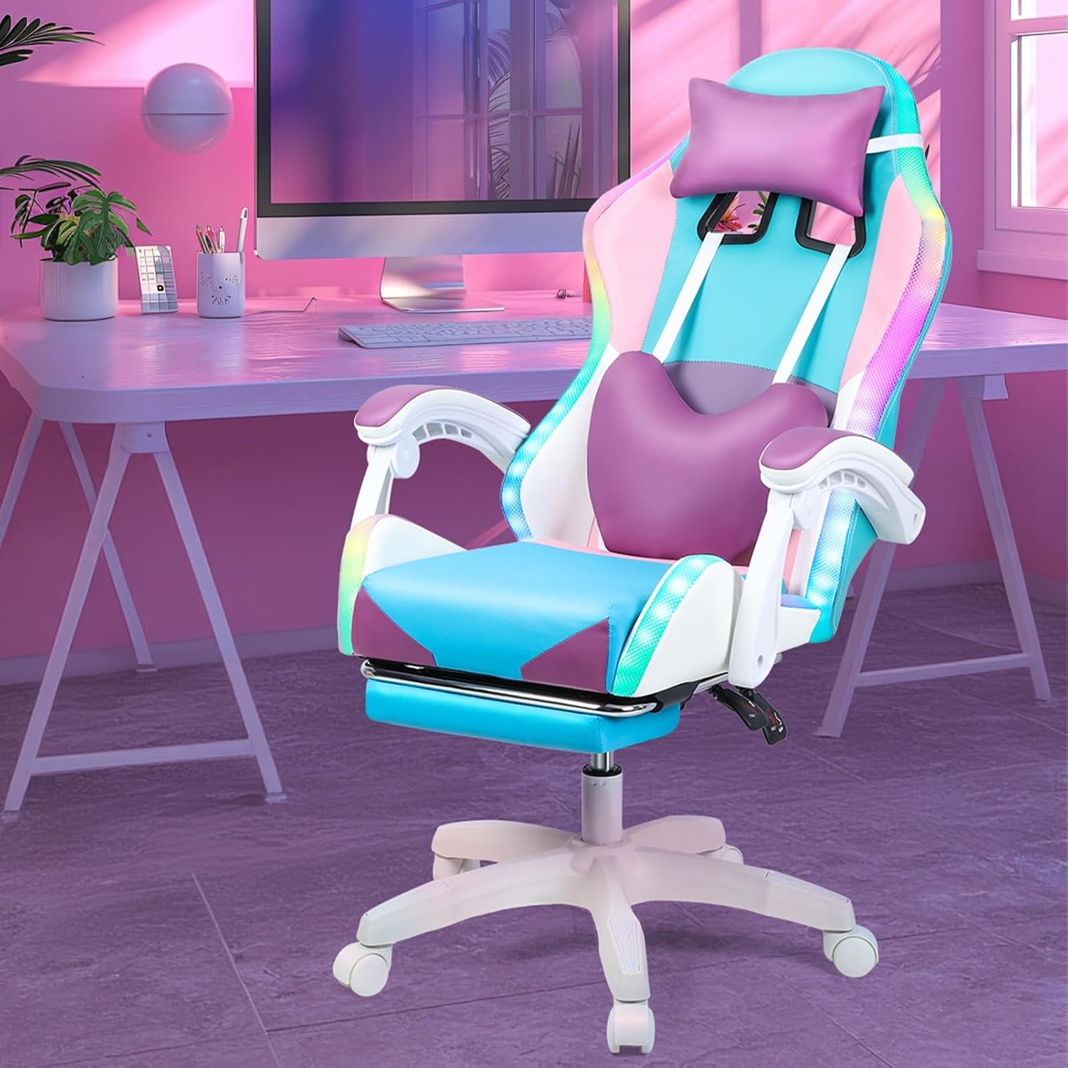 Video Game Chairs with LED Lights, Girl Video Chair, Adult Ergonomic Computer Chair Footrest, Reclining High Back Video Game Chair with with Massage and Footrest Purple