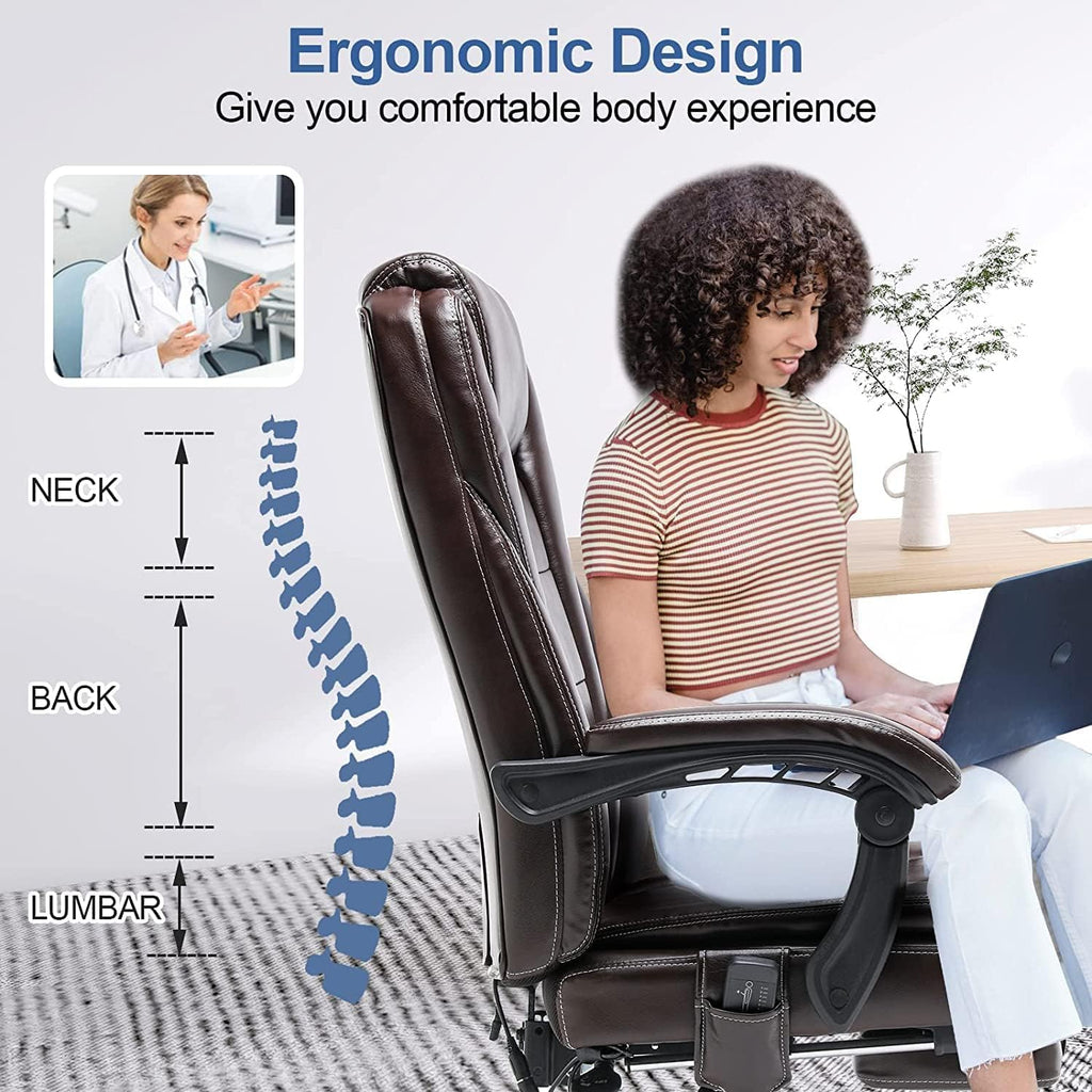 HOMREST 4-Point Massage Reclining Office Chair, Leather Heating Executive Chair, Ergonomic Home Office Desk Chair with Retractable Footrest,Computer Chair for Home Office, Study, Gaming (Brown)
