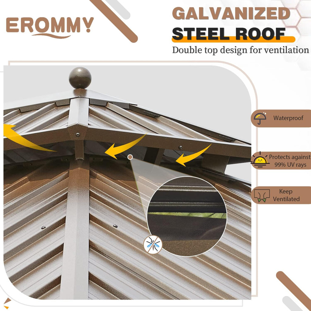 EROMMY 12'x16' Hardtop Gazebo Galvanized Steel Outdoor Aluminum Double Roof Canopy with Netting and Shaded Curtains Permanent Metal Pavilion for Patio, Backyard and Deck