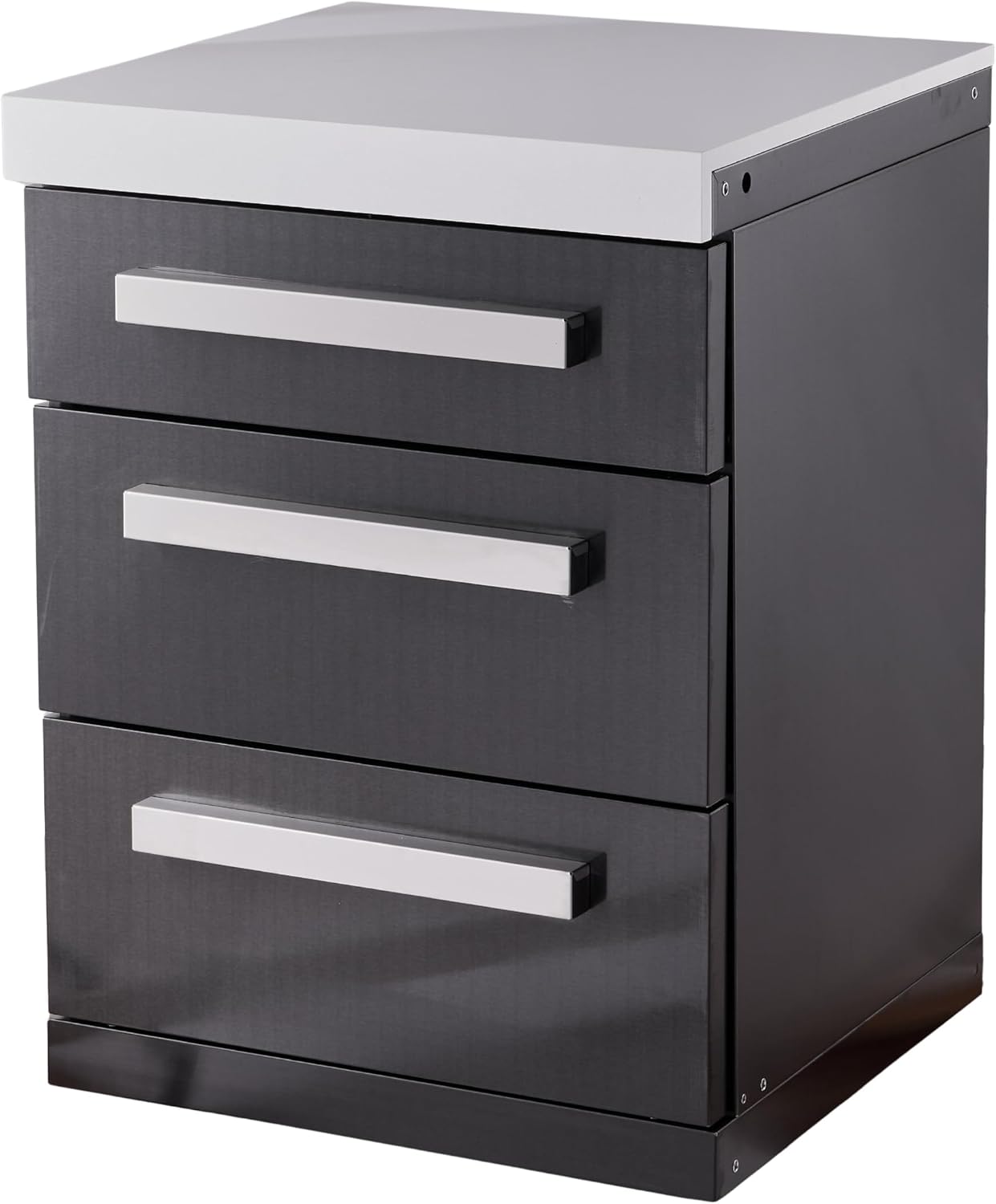 Mont Alpi Premium 25'W Extra Storage Soft-Closing 3-Drawer Slides Black Stainless Steel Right Cabinet Module for Black Series MAi805 & MAi400 Outdoor Kitchen Island Grills + White Granite Countertops