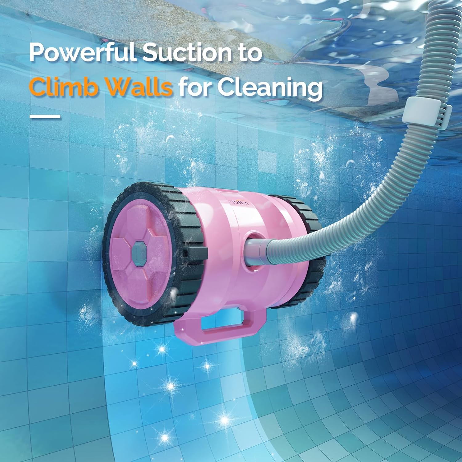 (2025 Upgrade) VINGLI Pool Vacuum Cleaner, Suction Side Wall-Climbing Sweeper for Ground&Inground Pools, Automatic Pool Vacuum with 39.6ft Tangle-Free Hose (Comfort Pink&Gray)