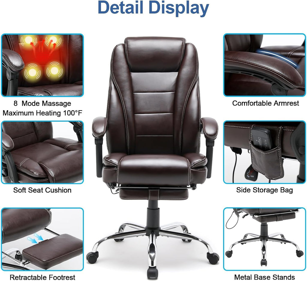 HOMREST 4-Point Massage Reclining Office Chair, Leather Heating Executive Chair, Ergonomic Home Office Desk Chair with Retractable Footrest,Computer Chair for Home Office, Study, Gaming (Brown)
