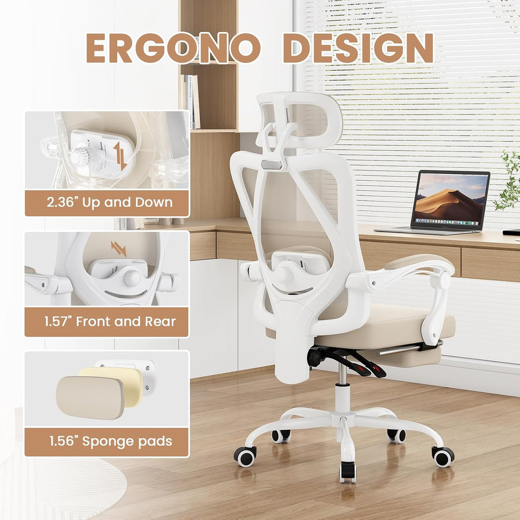 Farini Office Chair with Headrest, Ergonomic Mesh Office Chair with Footrest, High Back Desk Chair with Adjustable Lumber, Swivel Computer Chair for Home Office Study Room, White and Khaki