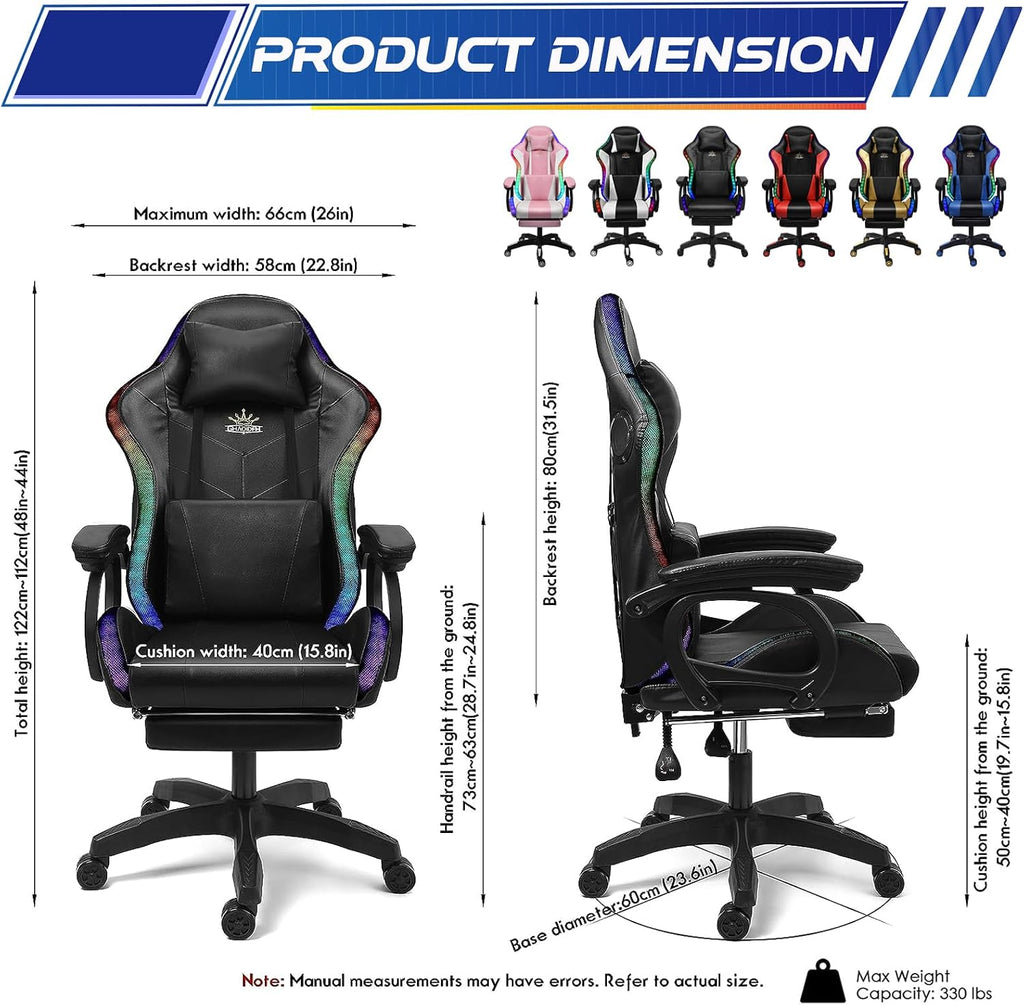 RGB Gaming Chair with Massage and Footrest Large Ergonomic Computer Desk Chair Video Gaming Chair with Speakers and Lumbar Support Height & Angles Adjustable Reclining Gamer Chair,White