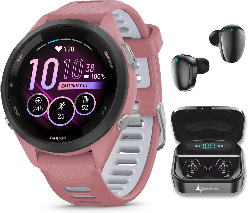 Garmin Forerunner 265S Music GPS Running 42 mm Smartwatch, Pink with AMOLED 1.1in Touchscreen Display Black Earbuds Bundle, Pink +Blk EarBuds