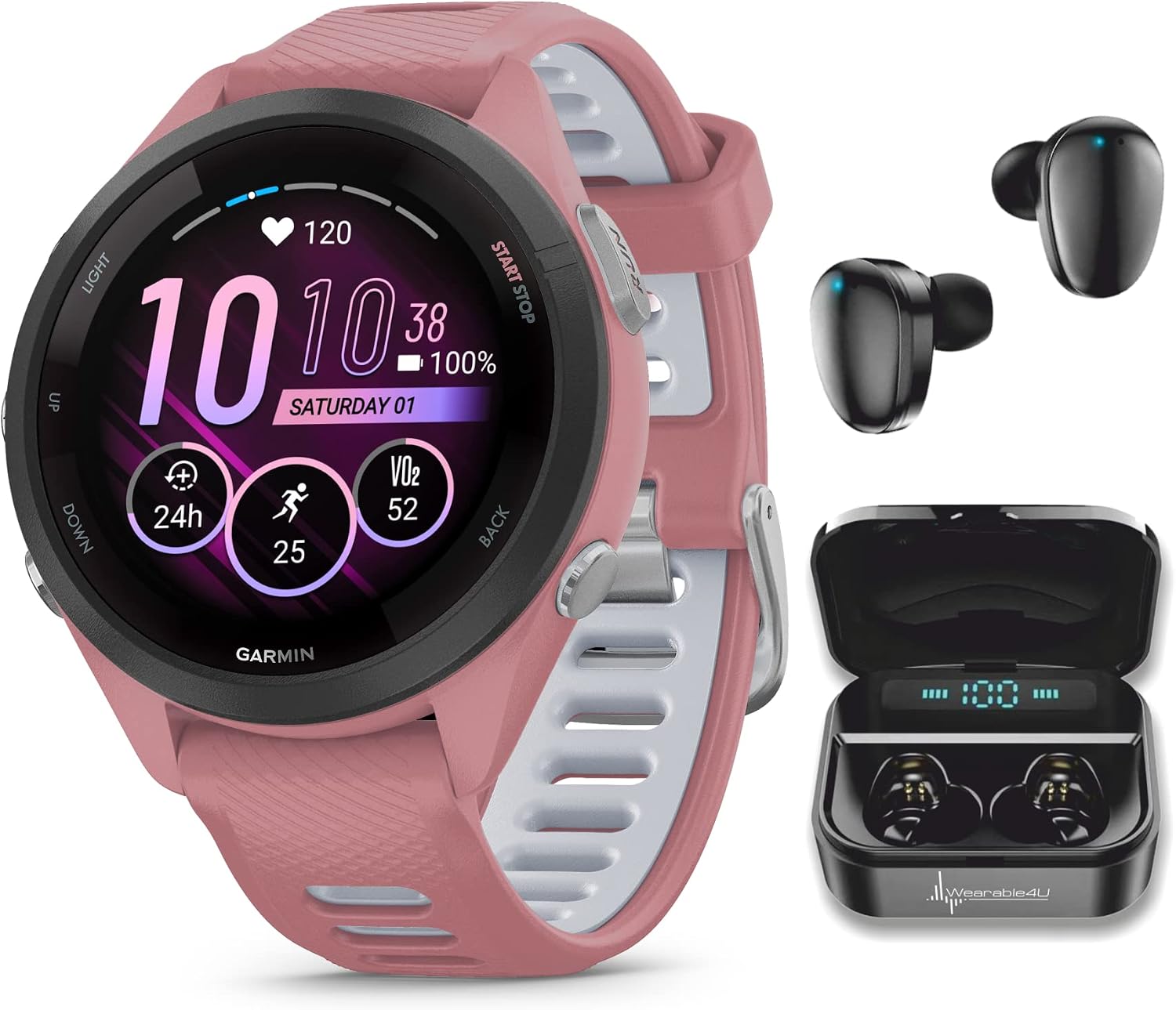 Garmin Forerunner 265S Music GPS Running 42 mm Smartwatch, Pink with AMOLED 1.1in Touchscreen Display Black Earbuds Bundle, Pink +Blk EarBuds