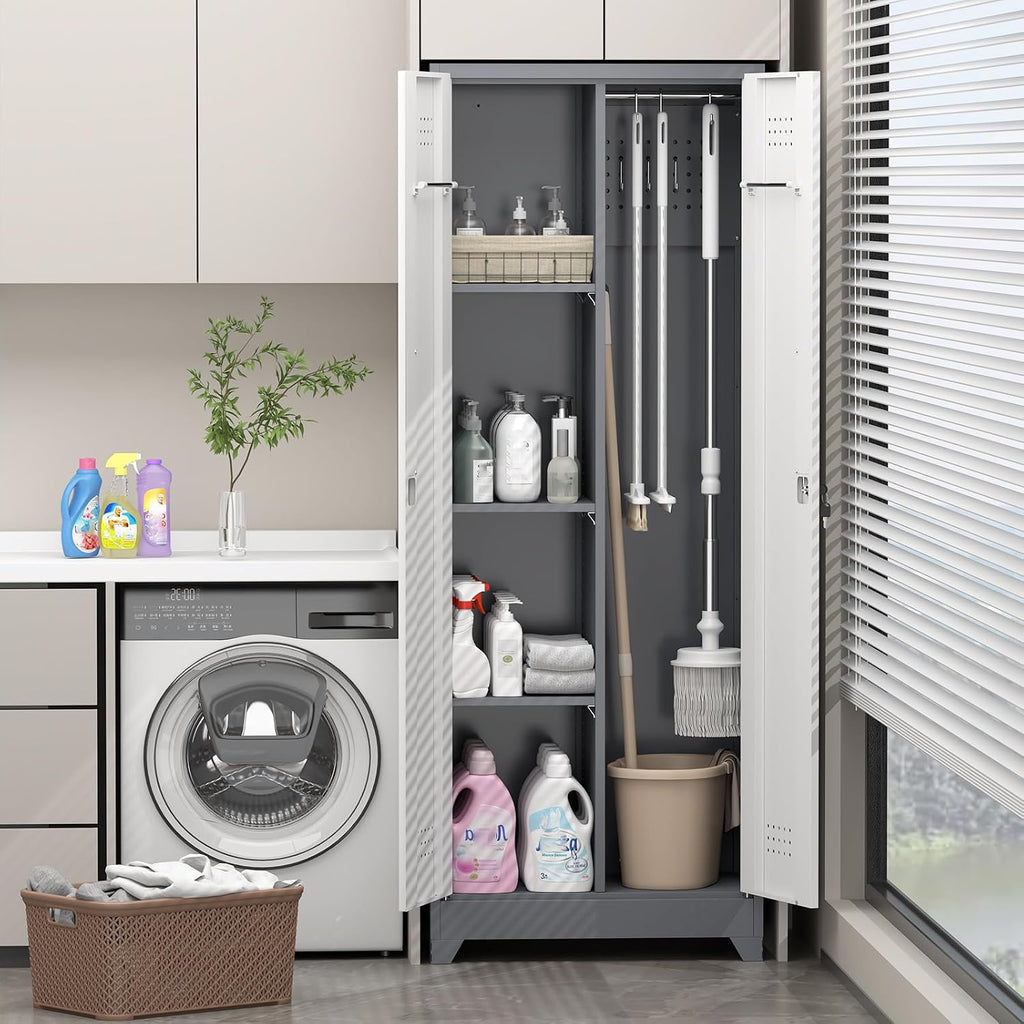 Metal Storage Cabinet with Lockable Doors, 65' Steel Utility Cabinet for Garage & Home Office, Tall Broom Closet with Adjustable Shelves, Vents & Cable Hole for Tools, White/Grey
