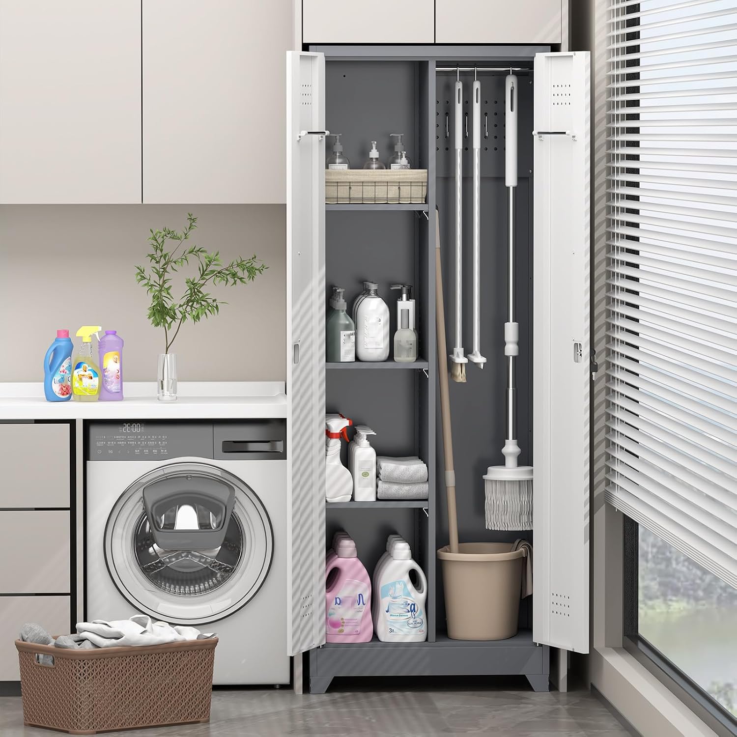 Metal Storage Cabinet with Lockable Doors, 65' Steel Utility Cabinet for Garage & Home Office, Tall Broom Closet with Adjustable Shelves, Vents & Cable Hole for Tools, White/Grey