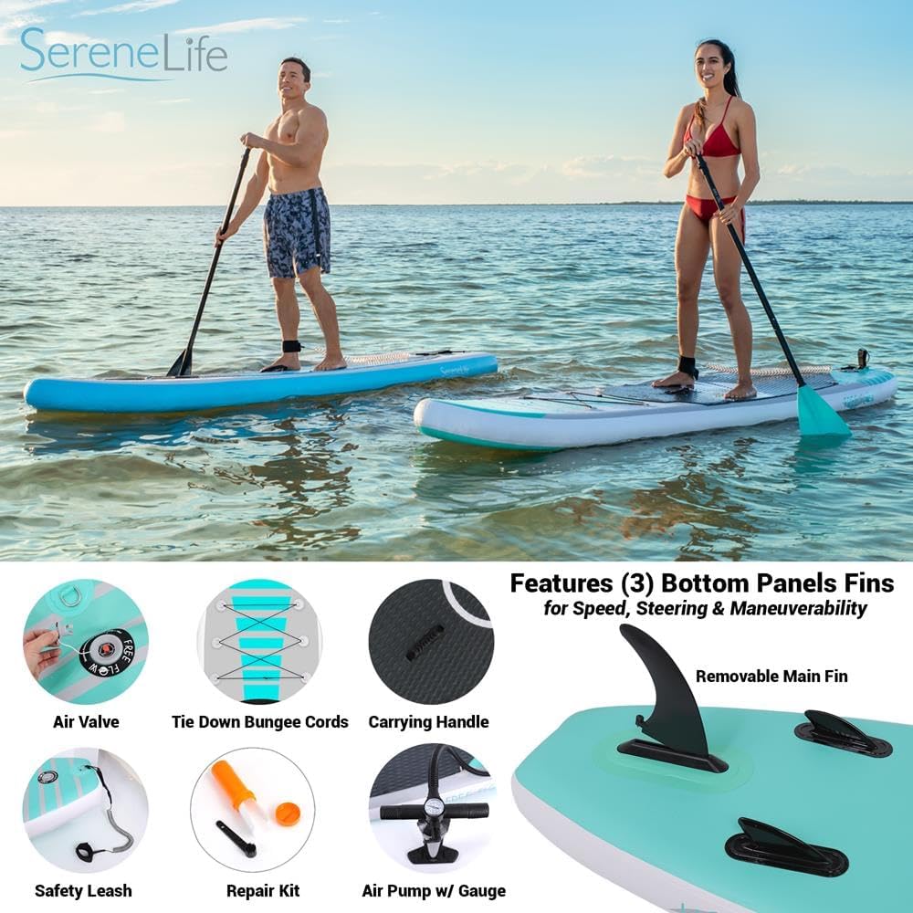 SereneLife 10' Inflatable Stand Up Paddle Board 2-Pack with Premium SUP Accessories – 32' Wide Stable Design with Non-Slip EVA Deck Pad for Youth and Adults, 350 lbs. Capacity Each