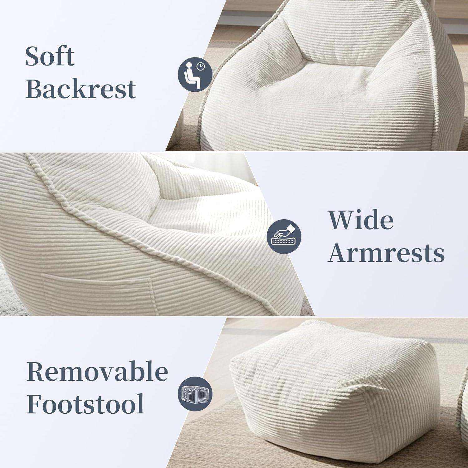 Ultra Soft Bean Bag Chair for Adults with Ottoman, Oversized Floor Sofa for Living Room, Gaming, Lounging, Napping (Off-White)
