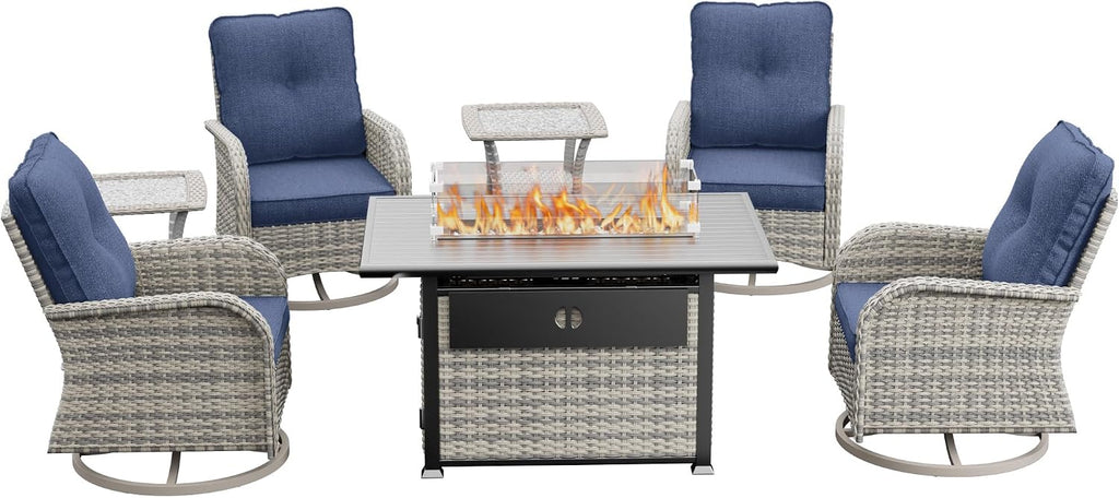 7Pcs Patio Rocking Swivel Chair with 55,000 BTU Fire Pit Table Outdoor Wicker Rattan Bistro Set with Tempered Glass Side Table, Outdoor Patio Furniture Set for Garden and Balcony, Blue