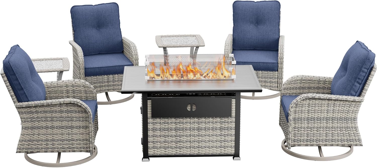 7Pcs Patio Rocking Swivel Chair with 55,000 BTU Fire Pit Table Outdoor Wicker Rattan Bistro Set with Tempered Glass Side Table, Outdoor Patio Furniture Set for Garden and Balcony, Blue