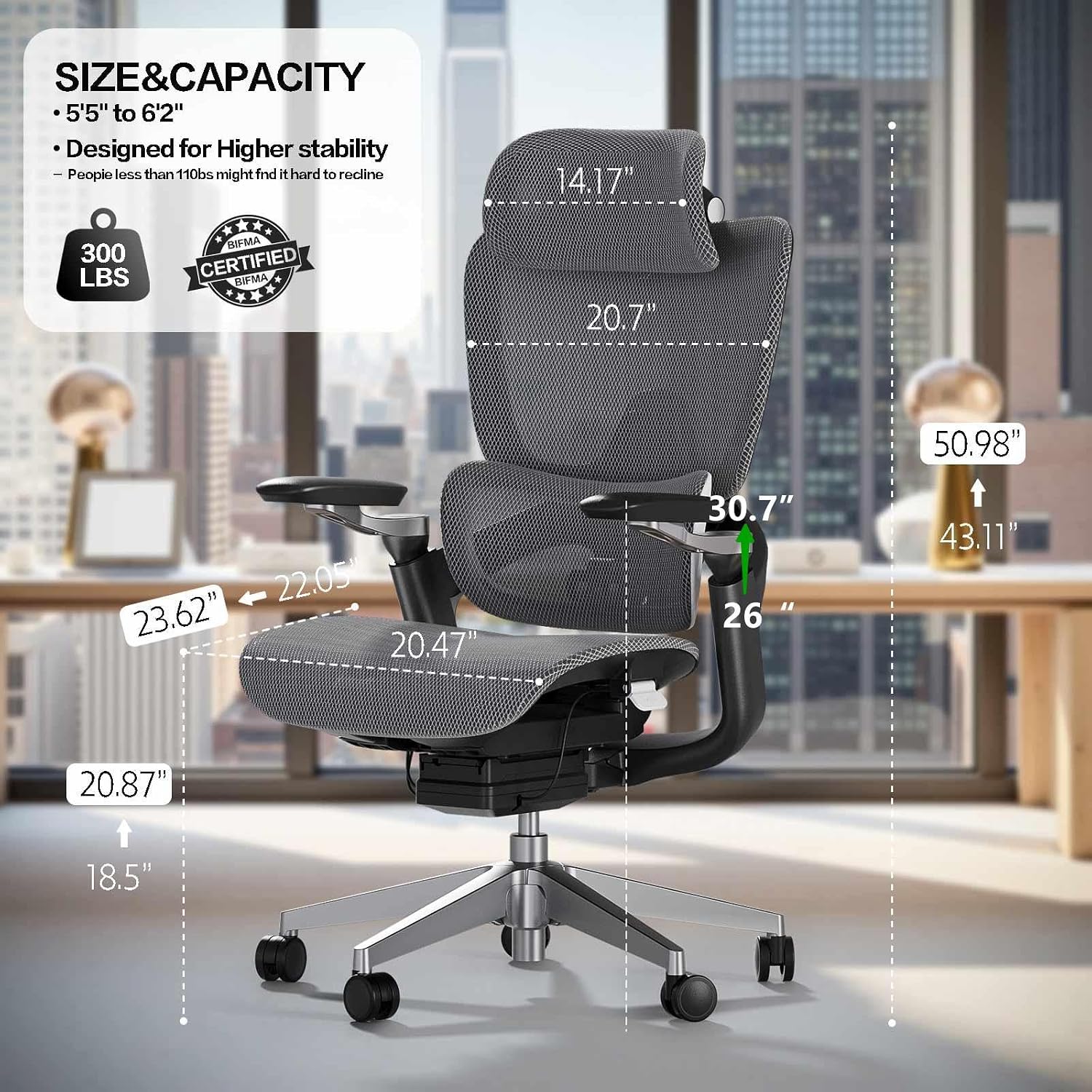 Ergonomic Office Chair with Adjustable 3D Lumbar Support, Mesh Computer Chair 5D Armrests, Home Desk Chair with 4D Headrest, 90-130°Tilt, BIFMA Certified, Model Zen (Grey)