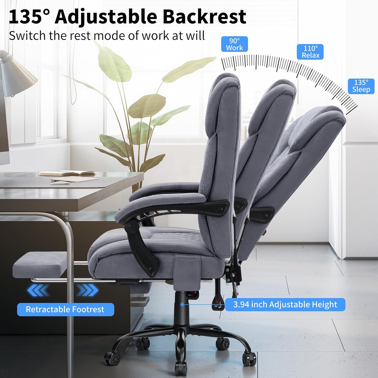 HOFFREE Heated Office Chair Massage Office Chair with Heat 400lbs Executive Reclining Home Desk Chair with Footrest,Linkage Armrests for Heavy People(Grey)