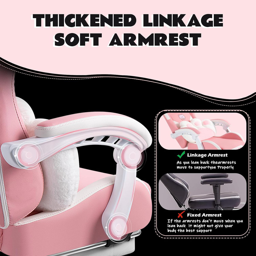 VITESSE Pink Gaming Chair for Girl with Cat Paw Lumbar Cushion and Cat Ears,Ergonomic Computer Chair for Girl with Footrest and Headrest Comfortable Reclining PC Game Chair for Adult,Kid (White)