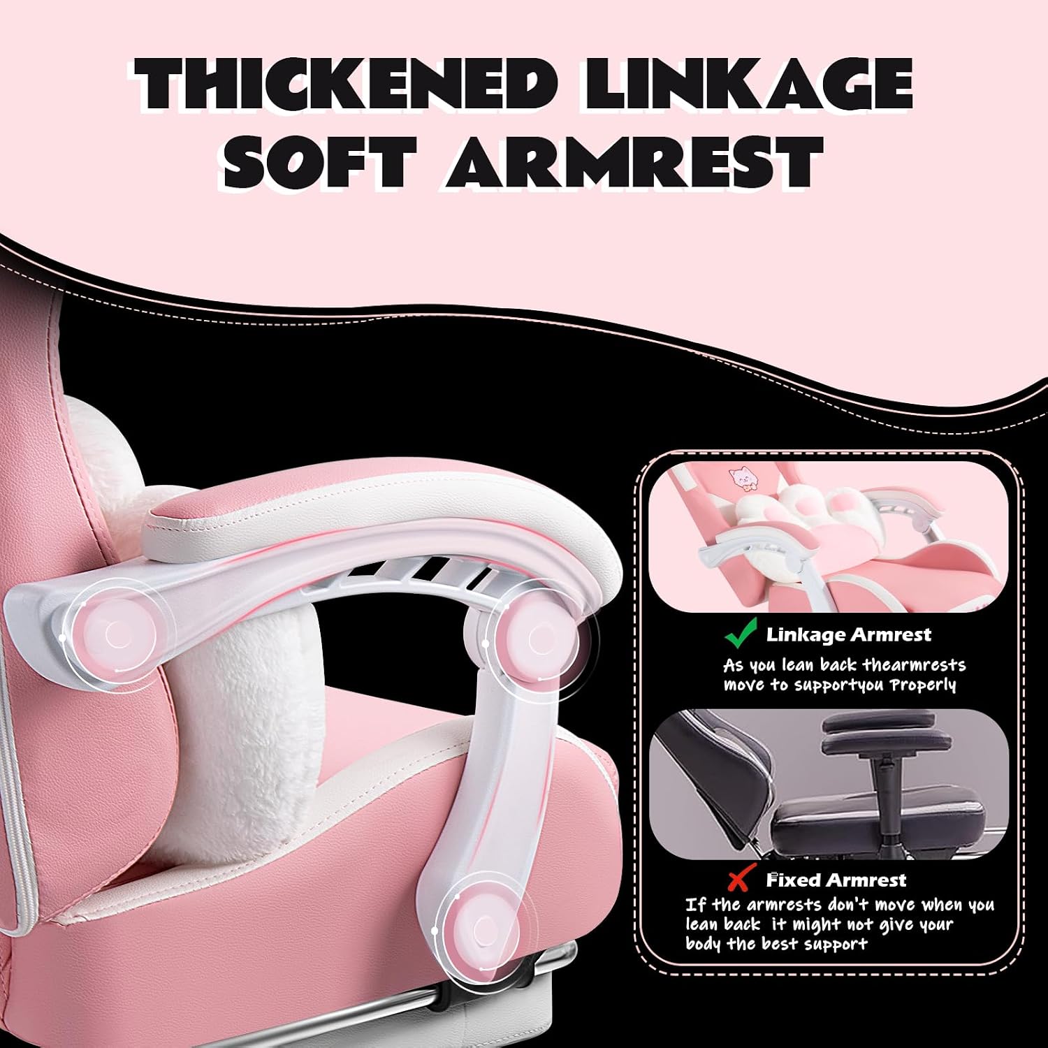VITESSE Pink Gaming Chair for Girl with Cat Paw Lumbar Cushion and Cat Ears,Ergonomic Computer Chair for Girl with Footrest and Headrest Comfortable Reclining PC Game Chair for Adult,Kid (White)