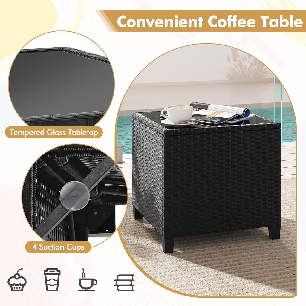 HAPPYGRILL 3 Pieces Wicker Patio Conversation Set, PE Rattan Bistro Sofa Set with Tempered Glass Coffee Table, Washable Cushions, Outdoor Furniture Set for Garden Poolside Balcony (Black)