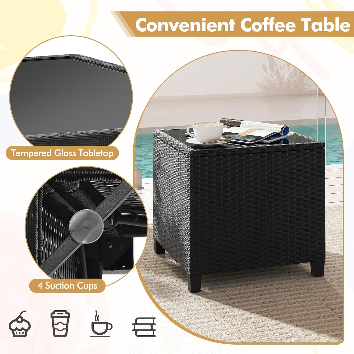 HAPPYGRILL 3 Pieces Wicker Patio Conversation Set, PE Rattan Bistro Sofa Set with Tempered Glass Coffee Table, Washable Cushions, Outdoor Furniture Set for Garden Poolside Balcony (Black)