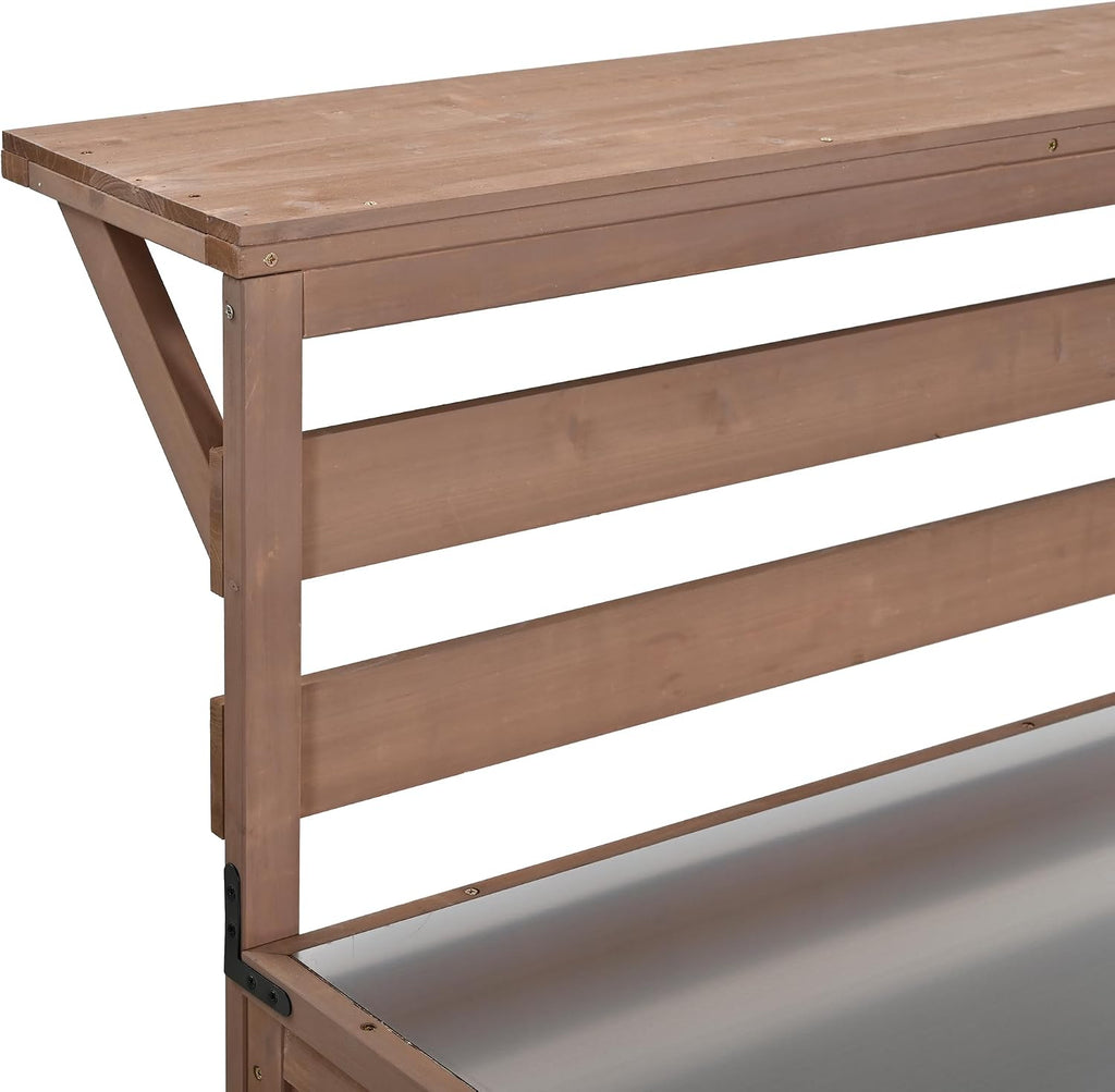 62.3'' Patio Kitchen Island, Solid Wood Kitchen Cart with Stainless Table Top, Garden Potting Bench with Raised Shelf and Drawers, Grill Prep Table for BBQ, Party (Brown-62.3'')
