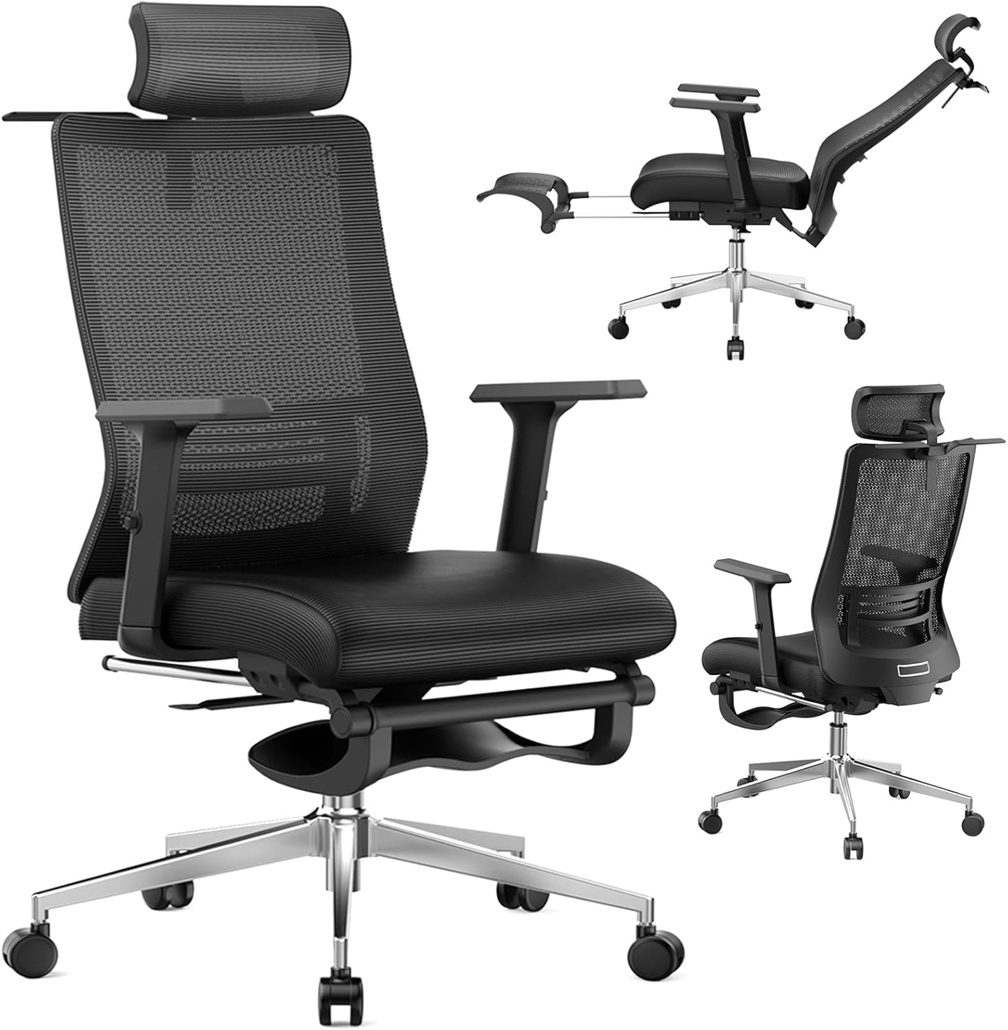 Ergonomic Office Chair with Footrest, 145° Reclining, Adjustable Lumbar & Headrest, 3D Armrests, Silent Casters, Heavy Duty Steel Base, 350 LB Capacity, Swivel Desk Chair for Home Office