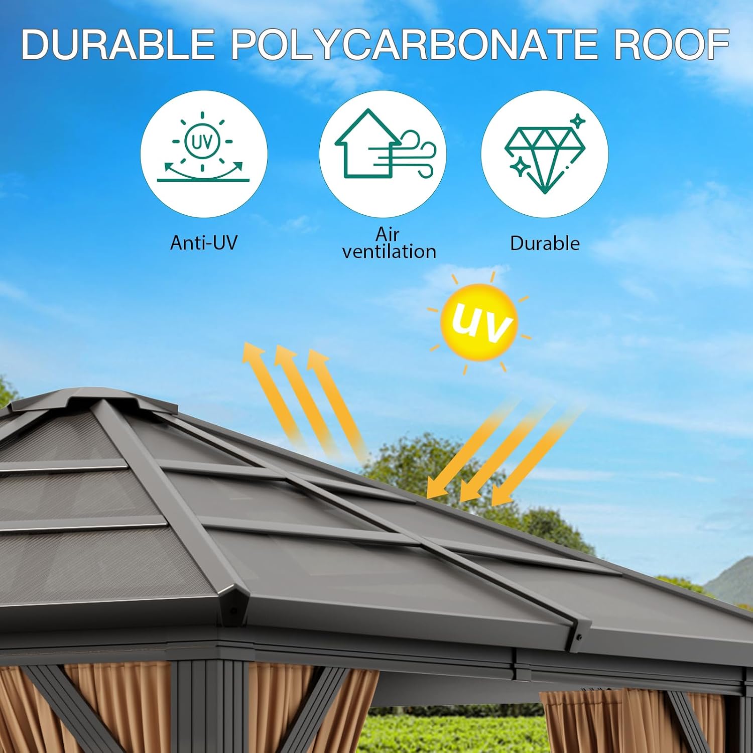 10'x10' Gazebo, Hardtop Outdoor Canopy Aluminum Frame Permanent Gazebo with Netting and Curtains, Polycarbonate Garden Tent for Patio, Lawn, Backyard, Deck