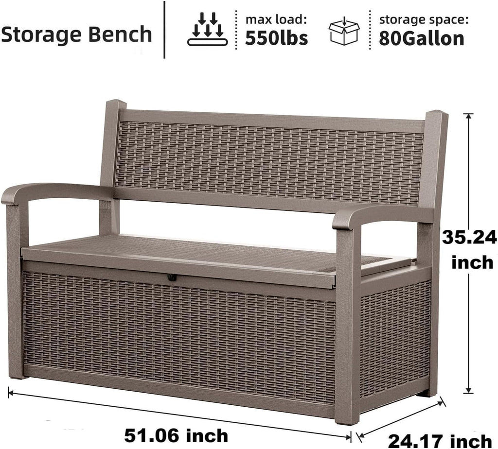 ROJIK 80 Gallon Storage Bench Deck Box Outdoor with Armrests,Storage Furniture Waterproof Lockable for Porch Patio and Garden (Grey)
