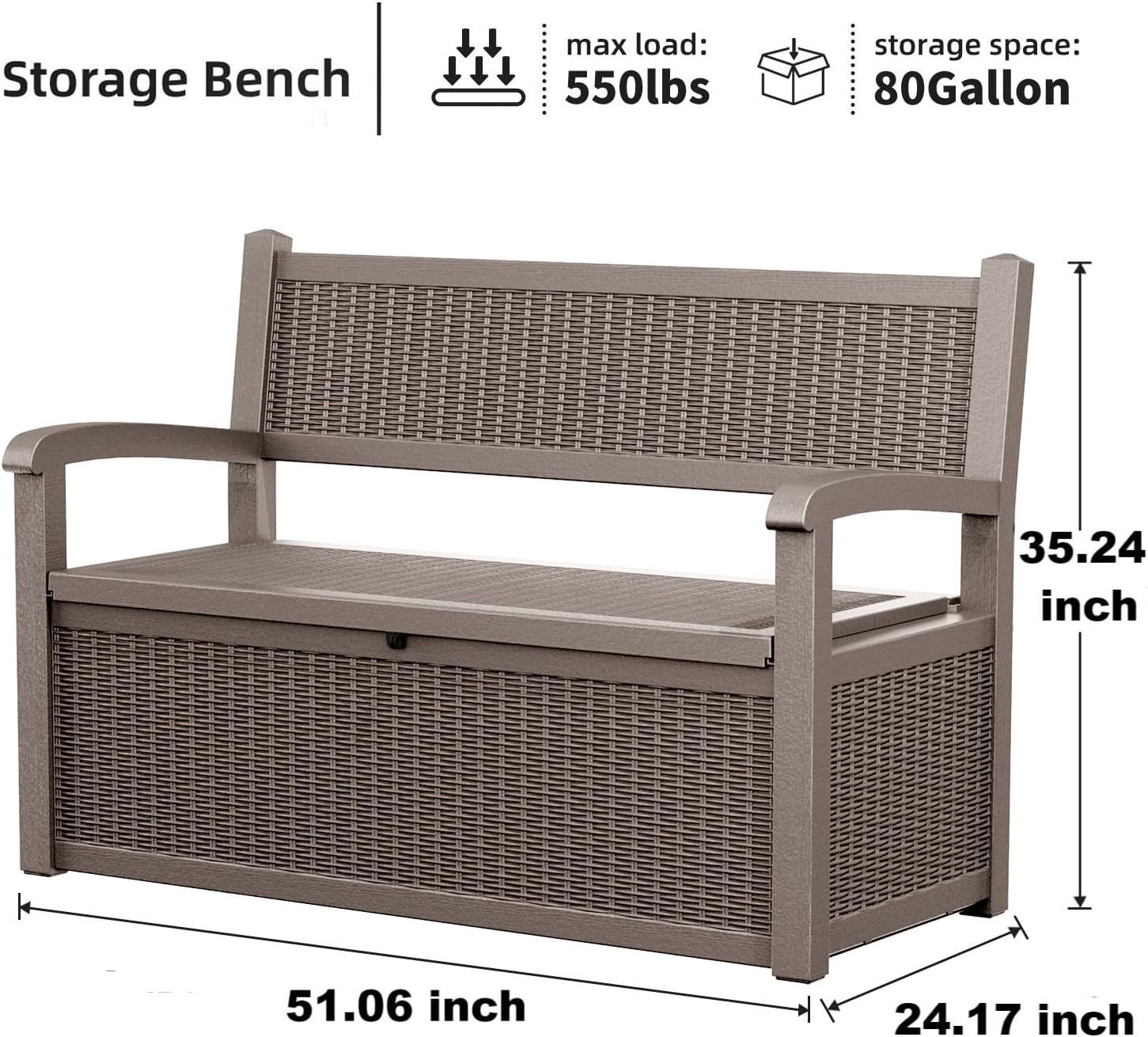 ROJIK 80 Gallon Storage Bench Deck Box Outdoor with Armrests,Storage Furniture Waterproof Lockable for Porch Patio and Garden (Grey)