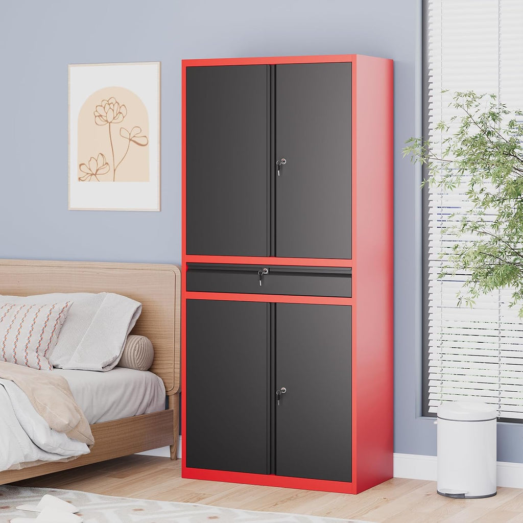 Metal Garage Storage Cabinet with Locking Doors and Drawer, 71' Steel Tool Storage Cabinet with Adjustable Shelves for Garage,Office,Warehouse (Red Black)