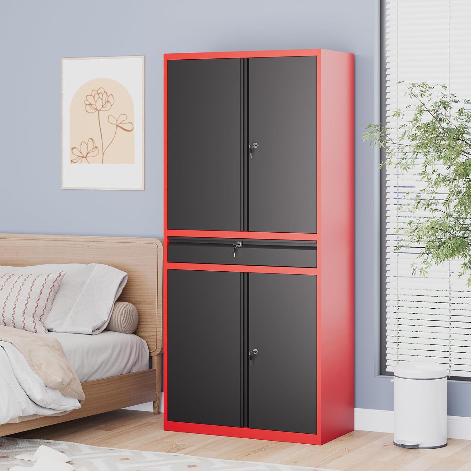 Metal Garage Storage Cabinet with Locking Doors and Drawer, 71' Steel Tool Storage Cabinet with Adjustable Shelves for Garage,Office,Warehouse (Red Black)