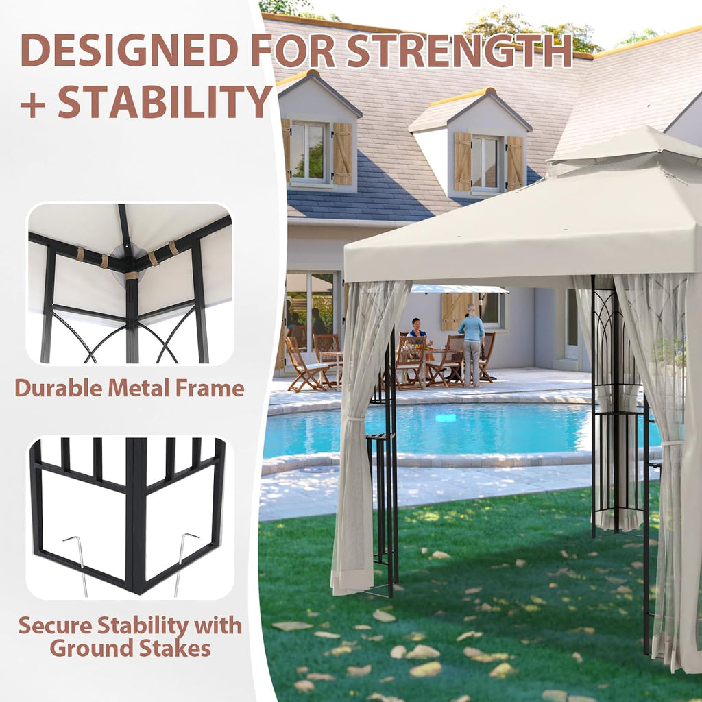EAGLE PEAK 8x8 Patio Gazebo with Mesh Netting, Double Roof Outdoor Pavilion with Corner Shelves for Lawn, Deck, Garden and Backyard, Beige