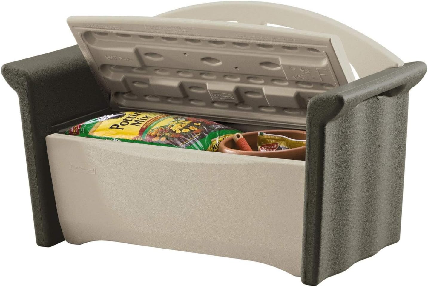 Rubbermaid Resin Outdoor Storage Bench (32 Gal), Weather Resistant, Brown/Grey, Deck Organization for Home/Backyard/Pool Chemicals/Toys/Garden Tools/Porch/Patio Cushions