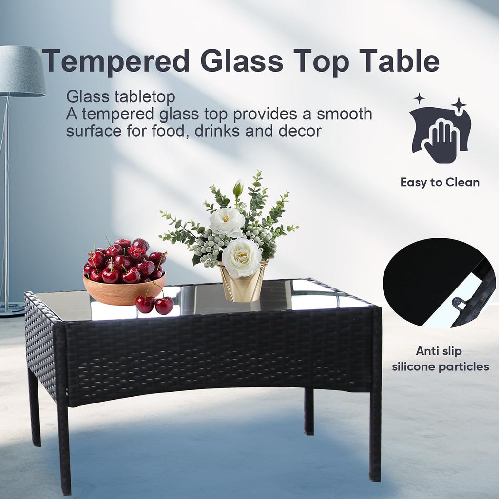 Outdoor Furniture Set of 4 Pieces with PE Waterproof Rattan Tempered Glass Table and Thick Cushions Suitable for Gardens Porches Terraces and Balconies Easy to Assemble Black and Beige