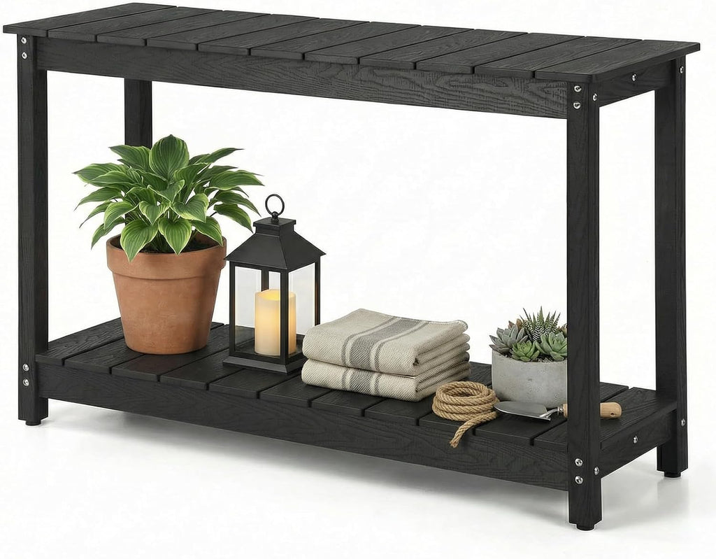 Outdoor Console Table, 48' Weather Resistant HIPS Patio Side Table, 440LBS Weight Capacity, 2-Tier Multifunctional Buffet Bar Storage Organizer for Garden Deck, Black