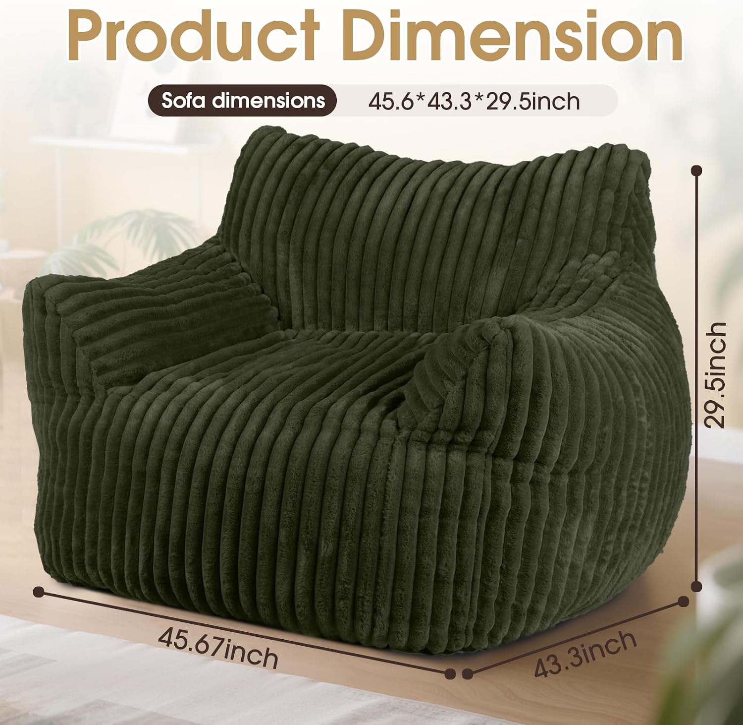 Giant Bean Bag Chair, Oversized Plush Comfy Bean Bag Sofa for Adults and Kids with Armrests, Memory Foam Mini Couch Single Lounges for Living Room, Bedroom & Game Room(Green)