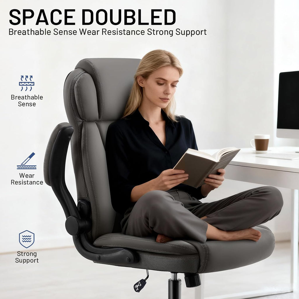 AreShark Ergonomic Office Chair with High Back Headrest,PU Leather Executive Desk Chair Padded Flip-Up Armrests,Lumbar Support,Swivel Computer Chair for Home Office & Gaming,Gray