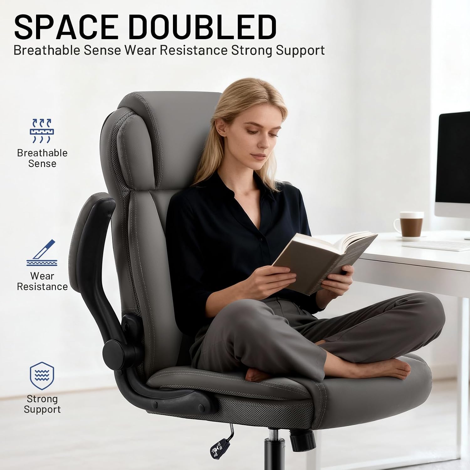 AreShark Ergonomic Office Chair with High Back Headrest,PU Leather Executive Desk Chair Padded Flip-Up Armrests,Lumbar Support,Swivel Computer Chair for Home Office & Gaming,Gray
