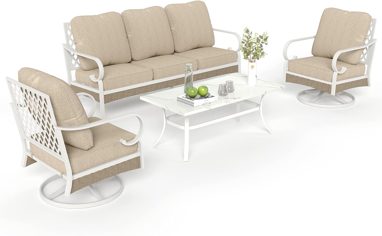 MIXPATIO 4 Piece Patio Furniture Set, 2 x Swivel Chair, 1 x 3-Seat Sofa with Marbling Coffee Table, All Cushioned 5 Seats Outdoor Conversation Set for Lawn Garden Backyard, Beige
