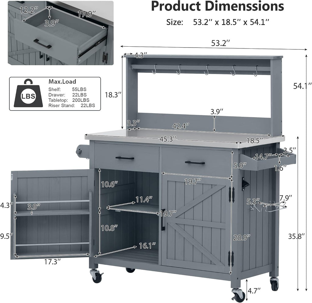 LUMISOL Grill Cart with Stainless Steel Top & High Shelf, Outdoor Solid Wood Kitchen Island with Lockable Wheels, Large Potting Bench Table with Storage Cabinet & Towel Rack, Grey+Blue