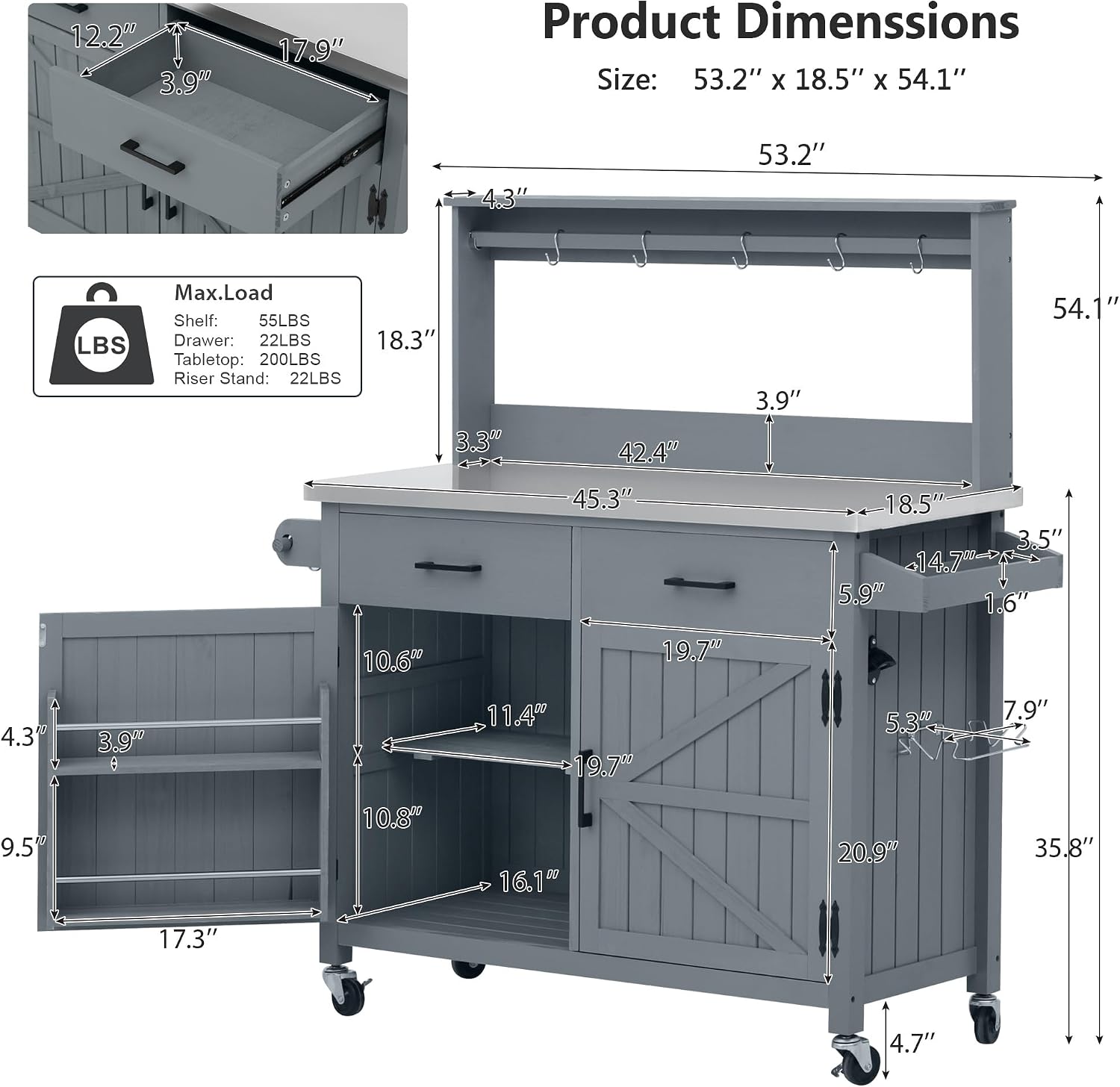 LUMISOL Grill Cart with Stainless Steel Top & High Shelf, Outdoor Solid Wood Kitchen Island with Lockable Wheels, Large Potting Bench Table with Storage Cabinet & Towel Rack, Grey+Blue