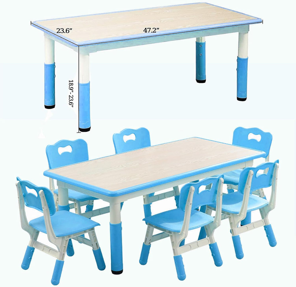 Kids Table and Chair Set, Height Adjustable Toddler Arts & Crafts Table and 6 Chair Set for Ages 2-10,Max 300lbs Kids Activity Art Table for Classroom Daycares,Home