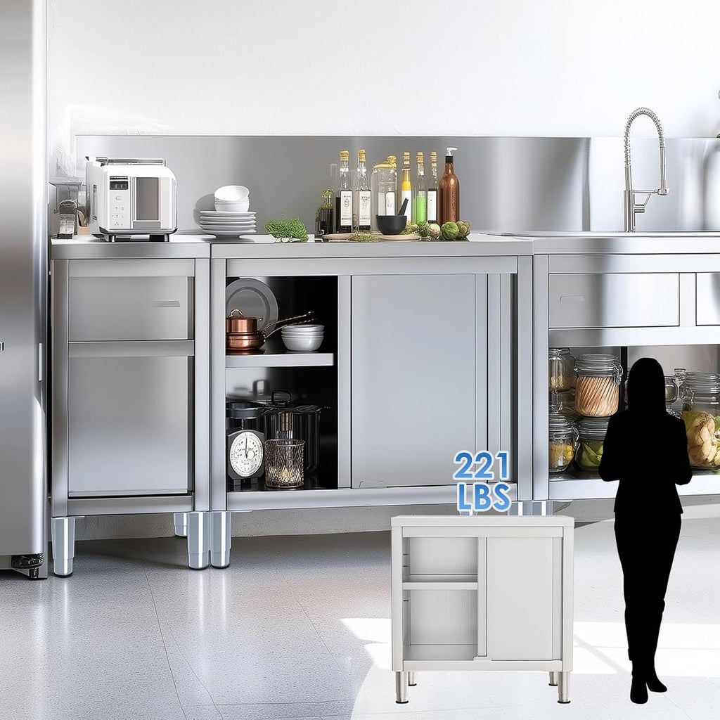 Stainless Steel Work Table with Cabinet 31'x20',Commercial Kitchen Workbench with Sliding Doors for Prep Work, Heavy Duty Prep Table for Restaurant,Garage,Warehouse